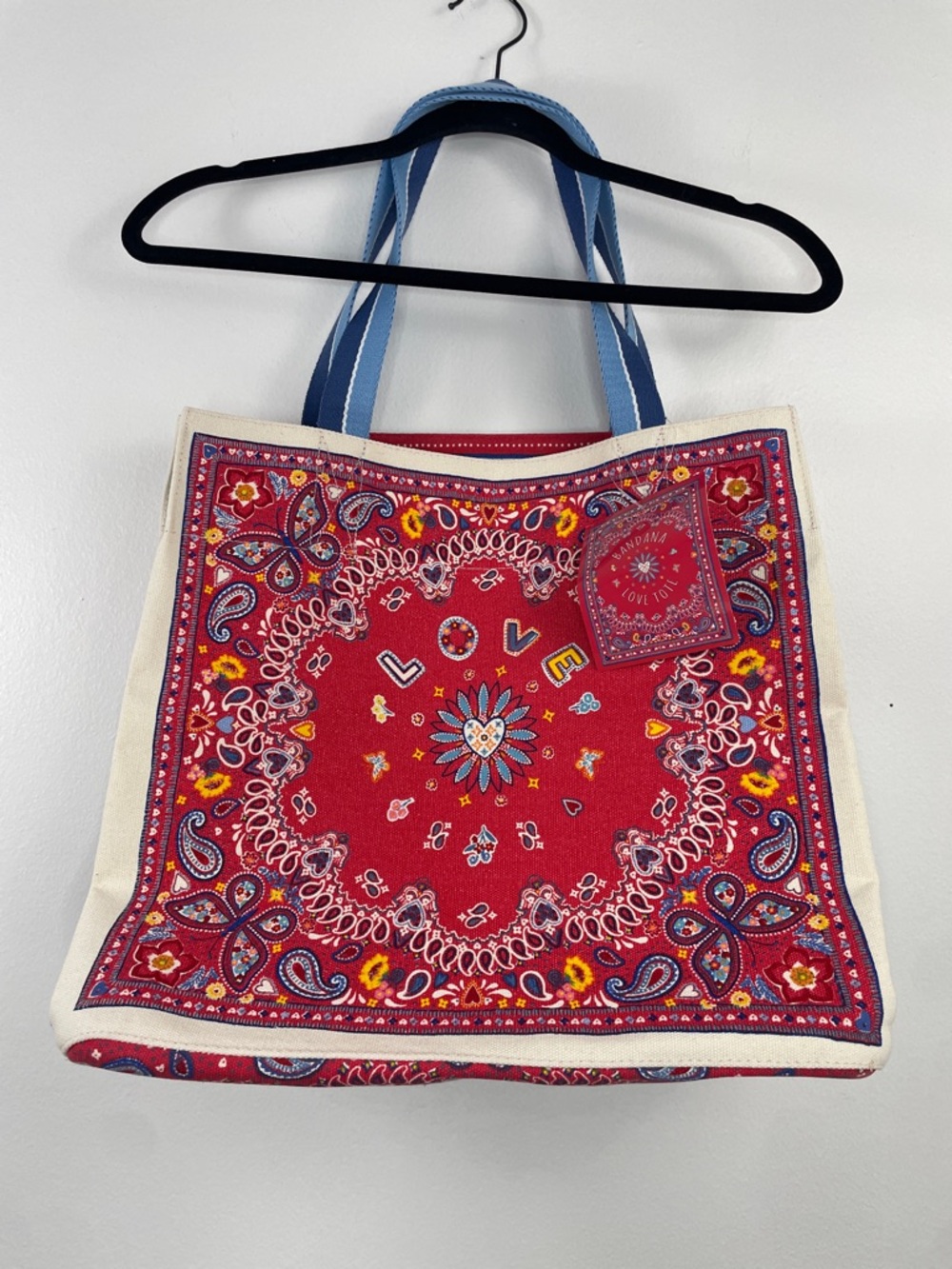 Brighton Red Bandana-Print Canvas Tote Bag with Blue Straps